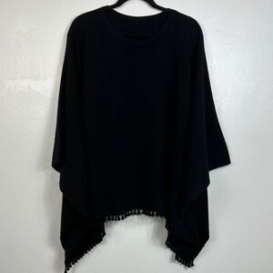 Black Comfy Soft Poncho With Pom Pom Fringe Trim One Size